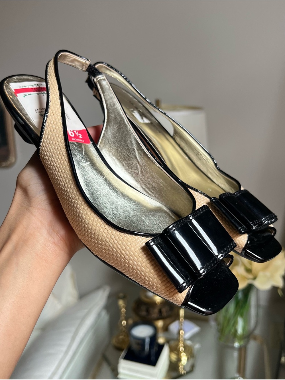 Anne Klein Beige and Black Slingback Kitten Heels with Patent Bow